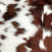 Closeup of this XS Tricolor Cowhide, showing white with brown and black spots  (XS614)