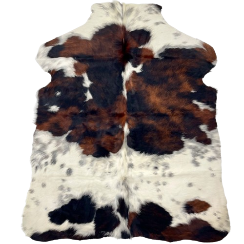 XS Tricolor Speckled Cowhide: has long hair that is white and off-white, with black speckles and large and small, black and reddish brown spots - 4'3" x 3'3" (XS633)