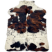 XS Tricolor Speckled Cowhide: has long hair that is white and off-white, with black speckles and large and small, black and reddish brown spots - 4'3" x 3'3" (XS633)