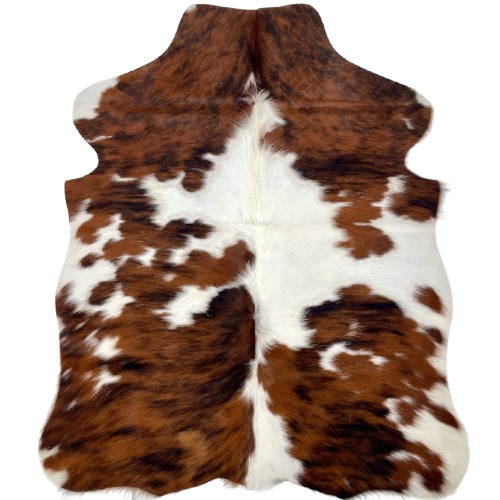XS Tricolor Cowhide: white with large and small spots that have a brown and black, brindle pattern - 4'5" x 3'4" (XS634)