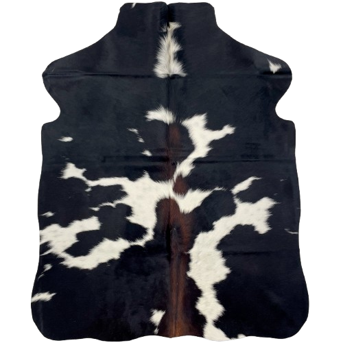 XS Black and White Cowhide: black with large and small, white spots, and dark brown down part of the spine - 4'4" x 3'4" (XS635)