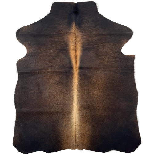 XS Two Tone Brown Cowhide: has a mix of blackish brown, dark brown, and medium brown, with light brown down the spine - 4'4" x 3'5" (XS636)