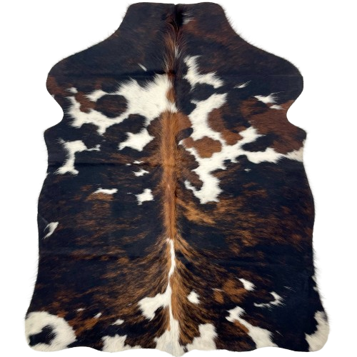 XS Tricolor Cowhide: has a black and brown, brindle pattern, large and small, white spots, and brown down the spine - 4'4" x 3'3" (XS637)