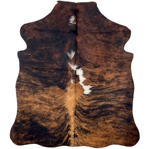 XS Tricolor Cowhide: has a brown and black, brindle pattern and a few white spots down the middle - 4'4" x 3'6" (XS638)