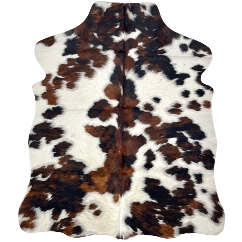 XS Tricolor Cowhide: white and off-white with large and small spots that have a mix of brown and black - 4'5" x 3'4" (XS639)