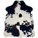XS Tricolor Cowhide: has long hair that is white with large and small spots that have a mix of black and dark brown - 4'4" x 3'3" (XS647)
