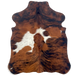 XS Tricolor Cowhide: has a reddish brown and black, brindle pattern, and two white spots in the middle, one having faint, brown and black speckles - 4'4" x 3'4" (XS648)