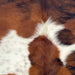 Closeup of this XS Tricolor Cowhide, showing a reddish brown and black, brindle pattern, and two white spots in the middle, one having faint, brown and black speckles (XS648)