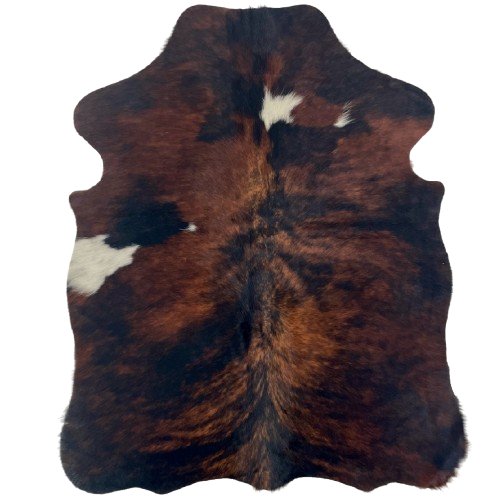 XS Reddish Brown and Black Brindle Cowhide: reddish brown and black, with four small, white spots - 4'5" x 3'5" (XS653)