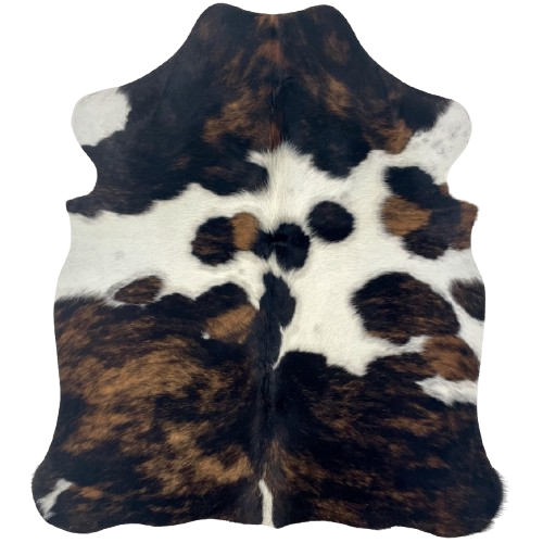 XS Tricolor Cowhide: has a mix of black and brown, and white across the middle, with spots that are black and brown - 4'4" x 3'5" (XS658)