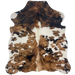 XS Tricolor Cowhide: white with large and small spots that have a brown and black, brindle pattern, and off-white down part of the spine - 4'5" x 3'5" (XS659)
