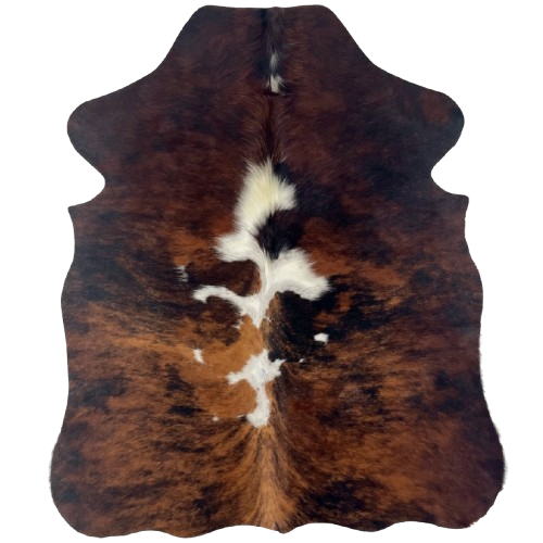 XS Tricolor Cowhide: has a reddish brown and black, brindle pattern and white and off-white spots down the middle - 4'5" x 3'4" (XS660)