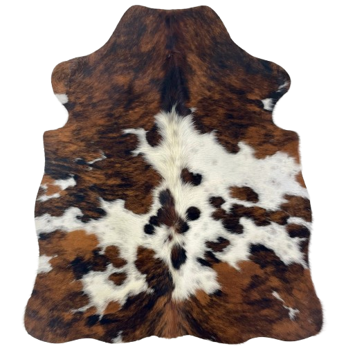 XS Tricolor Cowhide: white with faint, black speckles, and large and smalll spots that have a brown and black, brindle pattern, and off-white, longer hair down part of the spine - 4'5" x 3'4" (XS664)