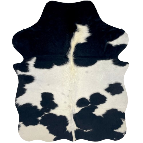 XS Black and White Cowhide: white with large and small, black spots, and off-white, longer hair down the spine - 4'5" x 3'6" (XS667)