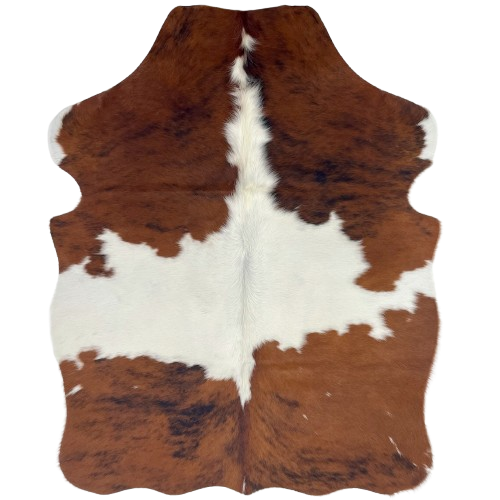 XS Tricolor Cowhide: reddish brown with a black, brindle pattern, and white across the middle and down part of the spine - 4'4" x 3'5" (XS668)