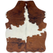 XS Tricolor Cowhide: reddish brown with a black, brindle pattern, and white across the middle and down part of the spine - 4'4" x 3'5" (XS668)