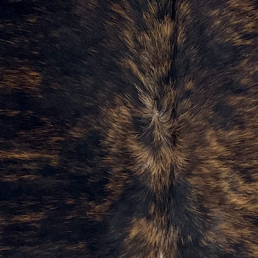Closeup of this XS Brindle Cowhide, showing black with brown, brindle markings  (XS674)