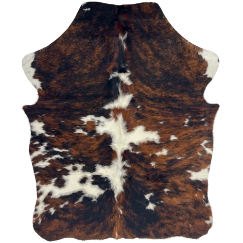 XS Tricolor Cowhide: has a black and brown, brindle pattern and small, white spots - 4'4" x 3'6" (XS676)