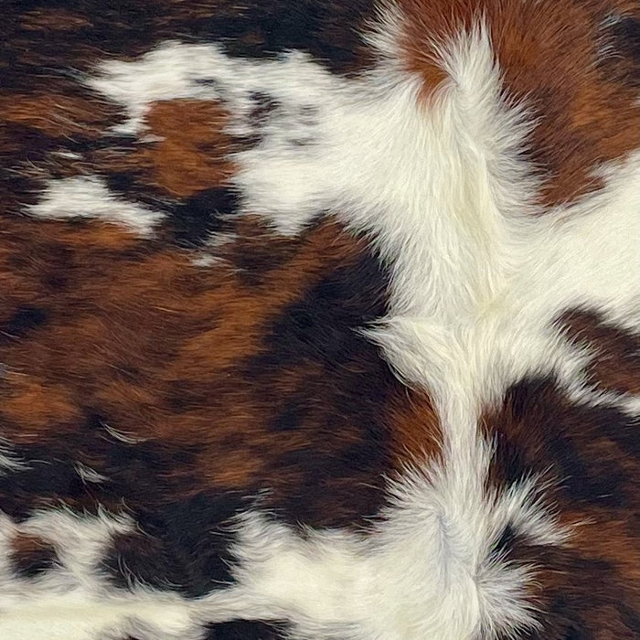 Closeup of this XS Tricolor Cowhide, showing a black and brown, brindle pattern and small, white spots  (XS676)