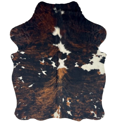 XS Tricolor Cowhide: has a black and brown, brindle pattern and small, white spots - 4'5" x 3'5" (XS678)