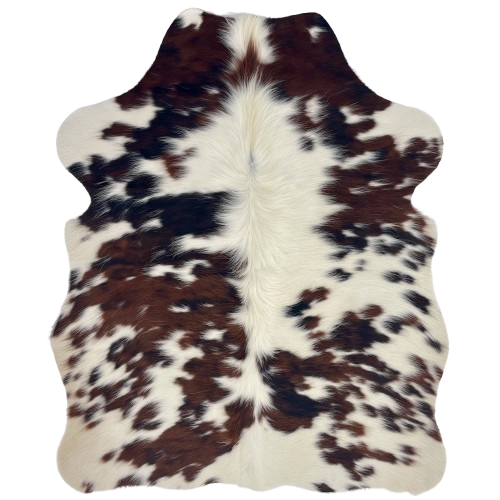 XS Tricolor Cowhide: white with brown and black spots, and long, off-white hair down the middle - 4'4" x 3'6" (XS679)