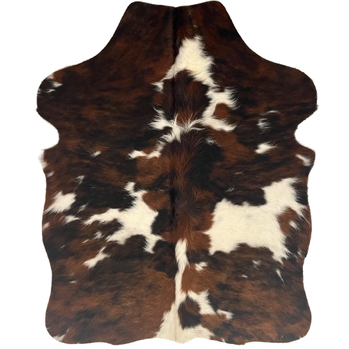 XS Tricolor Cowhide: has a mix of reddish brown and black, with white spots and long hair down the middle - 4'4" x 3'5" (XS684)