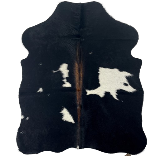 XS Black and White Cowhide: black with a few small, white spots, and brown down the spine -  4'3" x 3'5" (XS688)