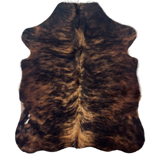 XS Brown and Black Brindle Cowhide: has long hair that is brown with black, brindle markings - 4'4" x 3'5" (XS689)