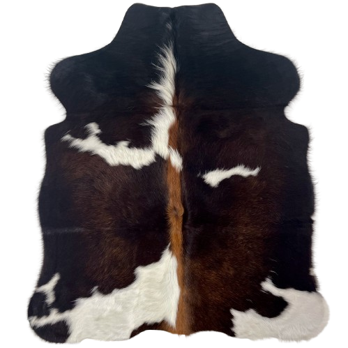 XS Dark TricolorCowhide: has a mix of dark brown, black, and reddish brown, with white spots, and white and reddish brown, longer hair, down the spine - 4'5" x 3'6" (XS692)