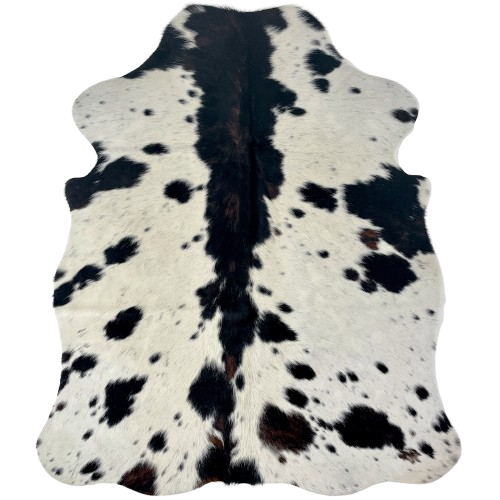 XS Ivory and Black Speckled Cowhide: ivory with black speckles and spots, and black and brown down the middle - 4'6" x 3'4" (XS696)