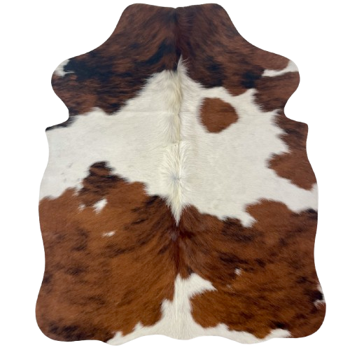 XS Tricolor Cowhide: has a reddish brown and black, brindle pattern, with a large white strip across the middle and a white spot on the butt - 4'6" x 3'5" (XS697)