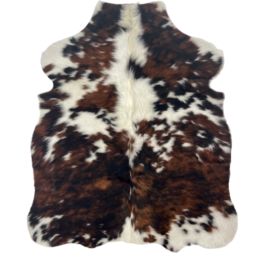 XS Tricolor Cowhide: has long hair that has a mix of black and red brown, small and large, white spots, and long hair down the spine  - 4'5" x 3'5" (XS699)