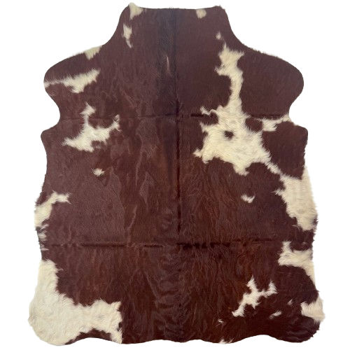 XS Dark Red Brown and Off-White Cowhide: dark red brown with a wavy texture, and small and large, off-white spots - 4'5" x 3'6" (XS700)