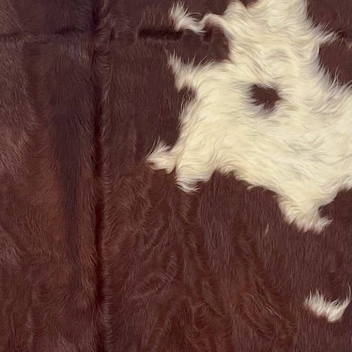 Closeup of this XS Cowhide, showing dark red brown with a wavy texture, and small and large, off-white spots (XS700)