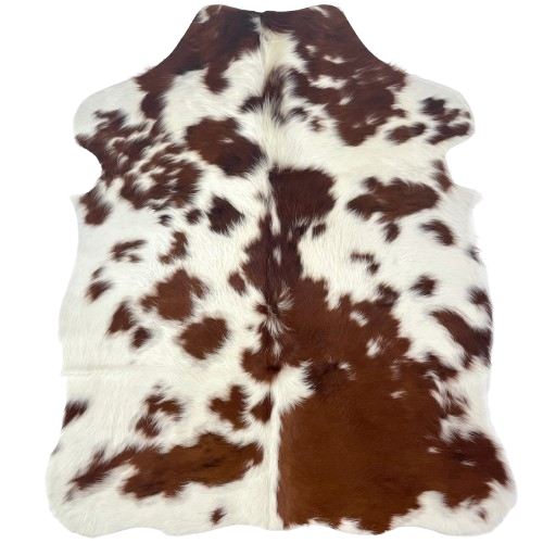 XS White and Reddish Brown Cowhide: white with small and large, reddish brown spots, and longer hair down the spine - 4'5" x 3'4" (XS701)