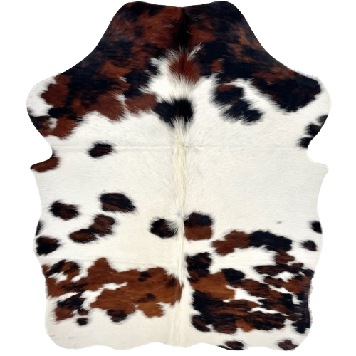 XS Tricolor Cowhide: white with small and large spots that have a mix of black and brown - 4'3" x 3'5" (XS705)
