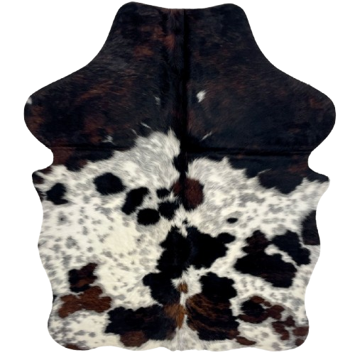 XS Speckled Tricolor Cowhide: white with large and small spots with a mix of black and dark brown, and faint, black, speckled spots - 4'5" x 3'4" (XS708)