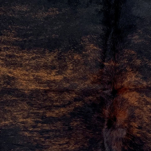 Closeup of this XS Brindle Cowhide, showing black with brown, brindle markings  (XS718)