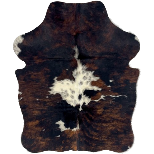 XS Tricolor Cowhide: has a mix of black and brown, and one large and a few small, white spots that have back spots and speckles - 4'5" x 3'5" (XS720)