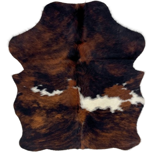 XS Tricolor Cowhide: has a mix of black and reddish brown, and a few white spots across the middle - 4'3" x 3'5" (XS723)