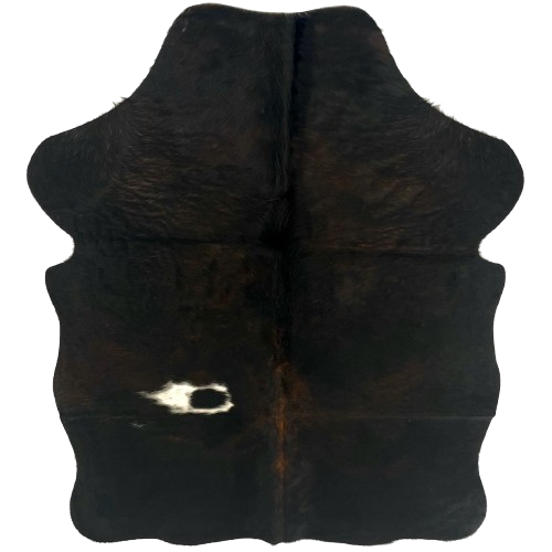 XS Dark Tricolor Cowhide: mostly black, with some dark brown mixed in, and one white spot on the left side of the back - 4'3" x 3'4" (XS727)