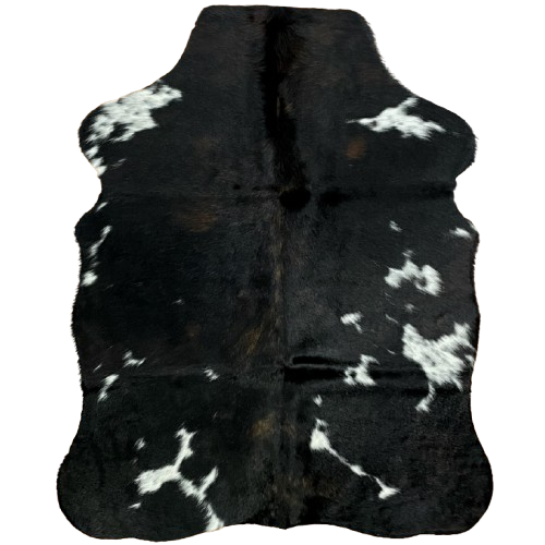 XS Dark Tricolor Cowhide: black with dark reddish brown spots, white spots that have black speckles, and a beautiful, natural sheen - 4'5" x 3'5" (XS737)