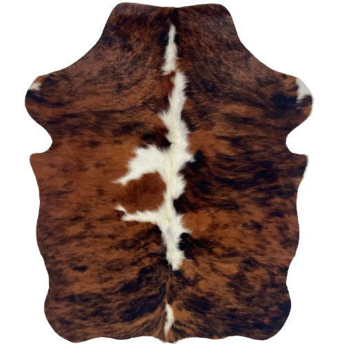 XS Tricolor Cowhide: has a reddish brown and black, brindle pattern, and white, longer hair down the middle - 4'4" x 3'4" (XS739)