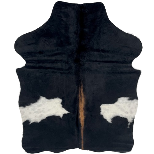 XS Black and White Cowhide: black with two large, white spots that have faint, black speckles, and brown down part of the spine - 4'4" x 3'4" (XS741)
