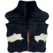 XS Black and White Cowhide: black with two large, white spots that have faint, black speckles, and brown down part of the spine - 4'4" x 3'4" (XS741)