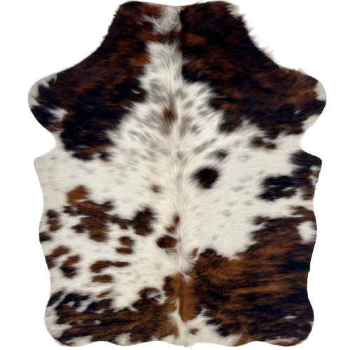 XS Tricolor Cowhide, long hair: has long hair with large and small spots that have a black and reddish brown, brindle pattern, and white with black speckles - 4'5" x 3'5" (XS742)