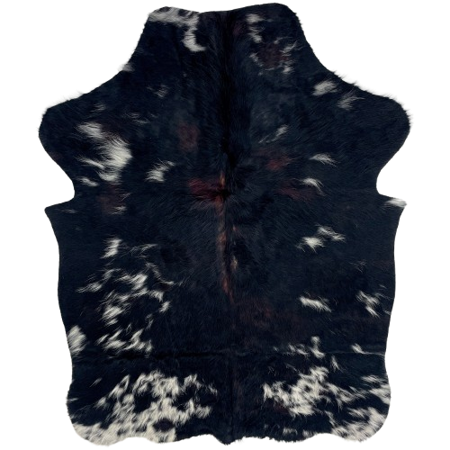 XS Dark Tricolor Cowhide: has long hair with a mix of black and dark brown, and small, white spots - 4'4" x 3'4" (XS743)