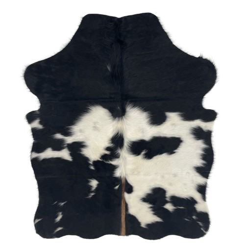 XS Black and Ivory Cowhide: black with large and small, ivory spots, brown down part of the spine, and longer hair down the spine - 4'4" x 3'6" (XS745)