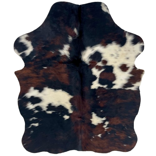 XS Tricolor Cowhide: black with reddish brown spots, white spots that have black speckles, and longer hair down the spine - 4'5" x 3'6" (XS746)