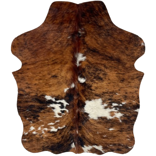 XS Tricolor Cowhide: has a brown, reddish brown, and black, brindle pattern, white spots with black speckles, and longer hair down the spine - 4'5" x 3'6" (XS749)